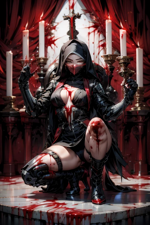 (masterpiece:1.1), (best quality:1.1), (flat colors:1.2), BREAK,
(dark fantasy:1.1), (red theme:1.1), BREAK,
(solo:1.2), (full body pose:1.0), (hourglass body shape), (High heel boots:1.5), (dynamic:1.0), (nun:1.1), (bio mechanical:1.0), (cybernetic parts:1.1), (large breasts:1.0), (tactical vest:1.0), (with buckle and tape:1.0), (mouth mask:1.5), (make a blood sacrifice:1.8), (Skulls on the ground), Oil on canvas, In the artstyle of HR Giger