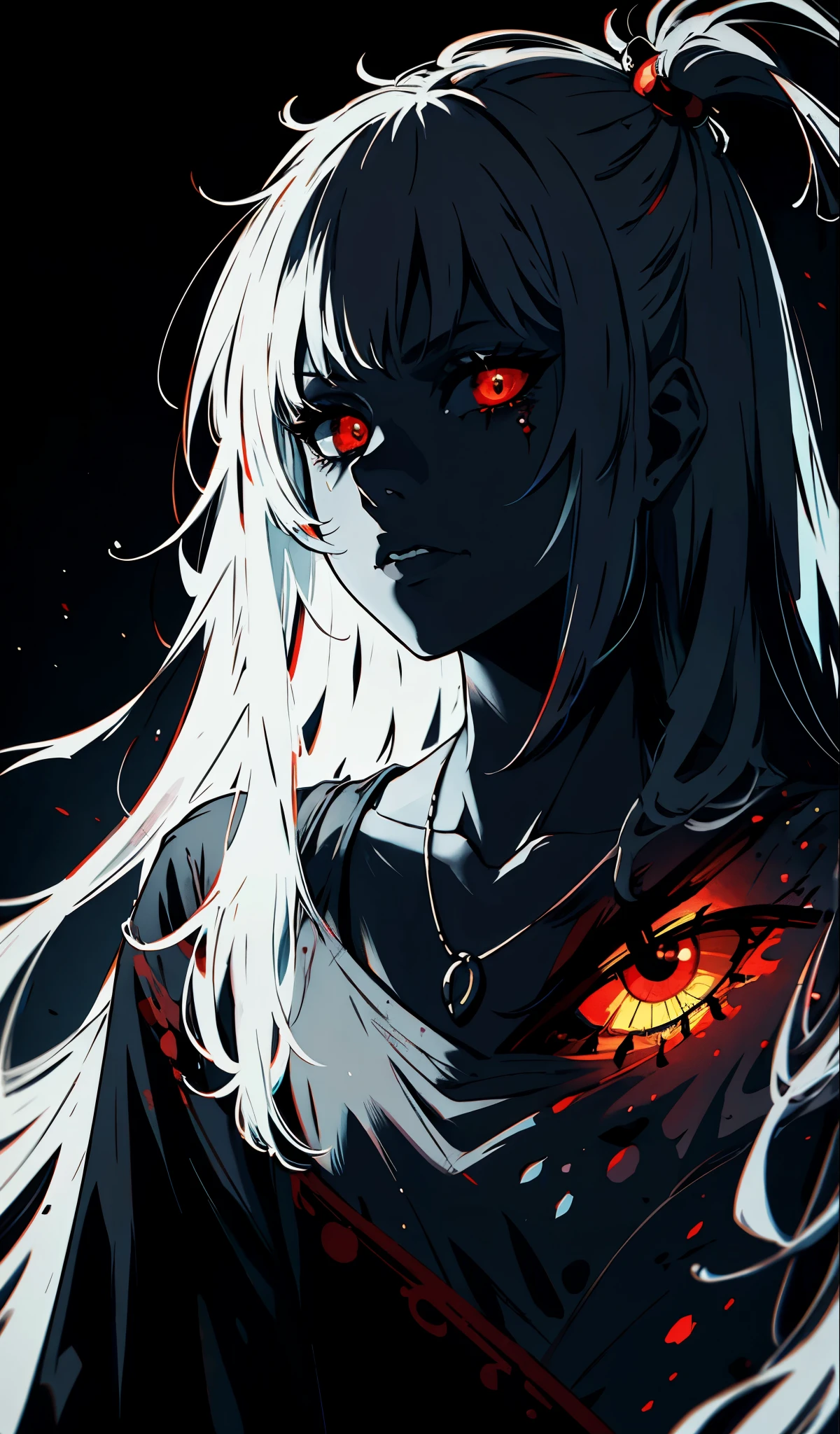 Goth girl 1girl, solo, long hair, looking at viewer, red eyes, jewelry, necklace, makeup, lipstick, black background, portrait, glowing red demon eyes, by vergvoktre, dramatic fluorescent , gritty, intense, distorted face, nightmare fluorescent, intricate details, hyperdetailed, cinematic, dark shot, film grainy, soothing tones, muted colors, technicolor BREAK outdoors, twilight, raytracing BREAK d4rk4rt artstyle, monochrome fluorescent, greyscale, avant-garde style