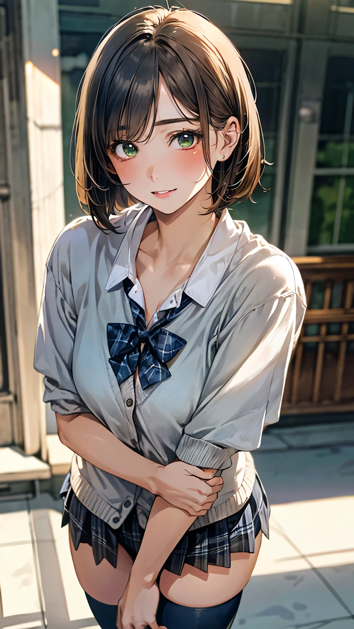 (masterpiece:1.3, top-quality, ultra high resolution, ultra detailed), (realistic, photorealistic:1.4), beautiful illustration, perfect lighting, natural lighting, depth of fields, ,
beautiful detailed hair, beautiful detailed face, beautiful detailed eyes, beautiful clavicle, beautiful body, beautiful chest, beautiful thigh, beautiful legs, beautiful hands,
looking at viewer, (face focus, upper body), 1 girl, high school girl, (perfect anatomy, anatomically correct), cute and symmetrical face, face, perfect face, perfect eyes, super detailed skin,
(short hair:1,2, bob cut:1,2, light brown hair), swept bangs, emerald green eyes, drooping eyes, big eyes, long eye lasher, (medium breasts, juicy thighs, attractive thighs),
((detailed cloth texture, navy blue cardigan, white collared shirt, gray plaid mini skirt, dark red bow tie, black stockings, school shoes), finest underwear),
(beautiful scenery), evening, (school hallway), (walking), (seductive smile, upper eyes, parted lips),
