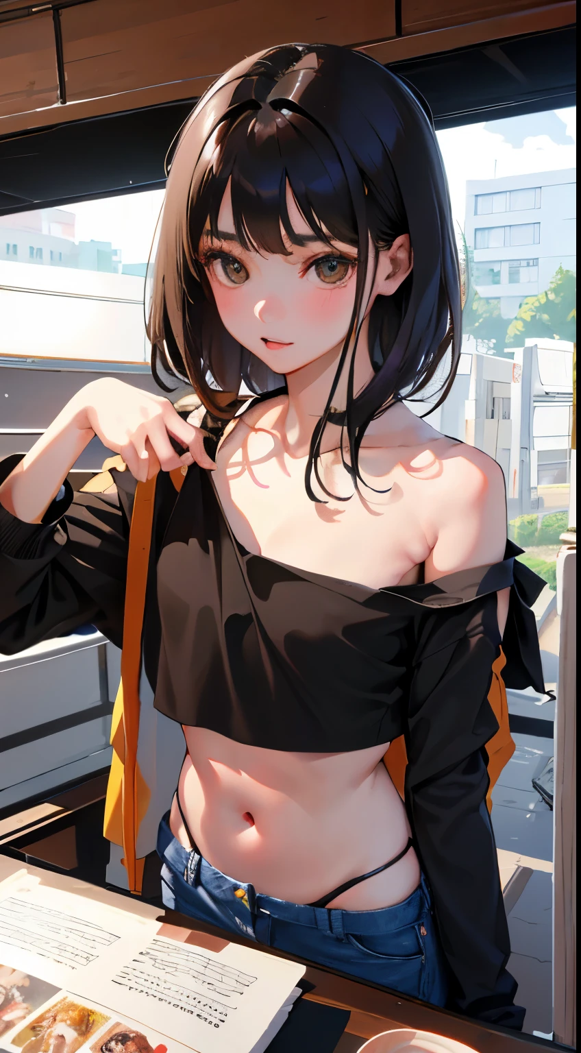 Overlooking,highest quality,Beautiful face in every detail,cute,Dark brown eyes,(背の低いcute女の子,Small young student,Young delicate girl),(masterpiece,Top quality),Black Hair,Sleepy expression,Crop Top Look,Black Shirt,Shorts