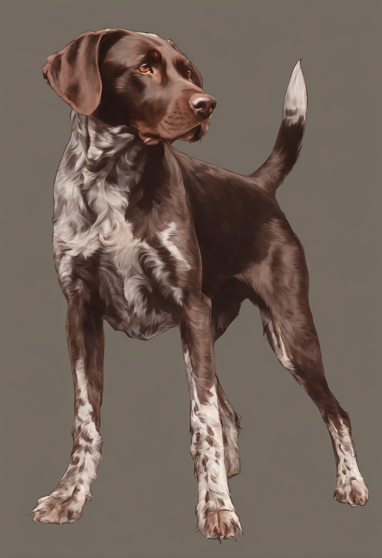 pet portrait, german pointer, brown dog, headshot, 3/4ths view, painterly, high detail, high quality, realistic art, long fur, long-haired german pointer