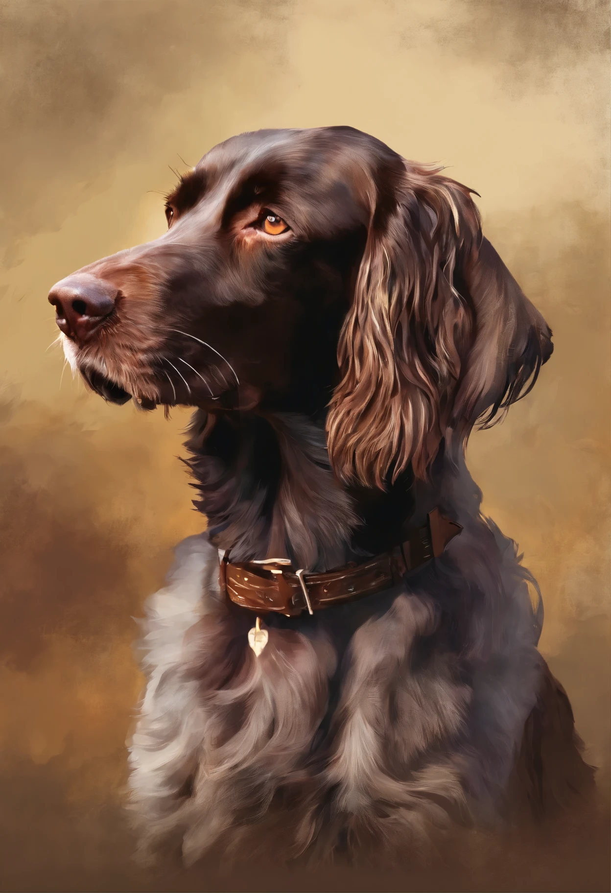 pet portrait, german longhaired pointer, brown dog, headshot, 3/4ths view, painterly, high detail, high quality, realistic art, long fur, long-haired german pointer, long-haired