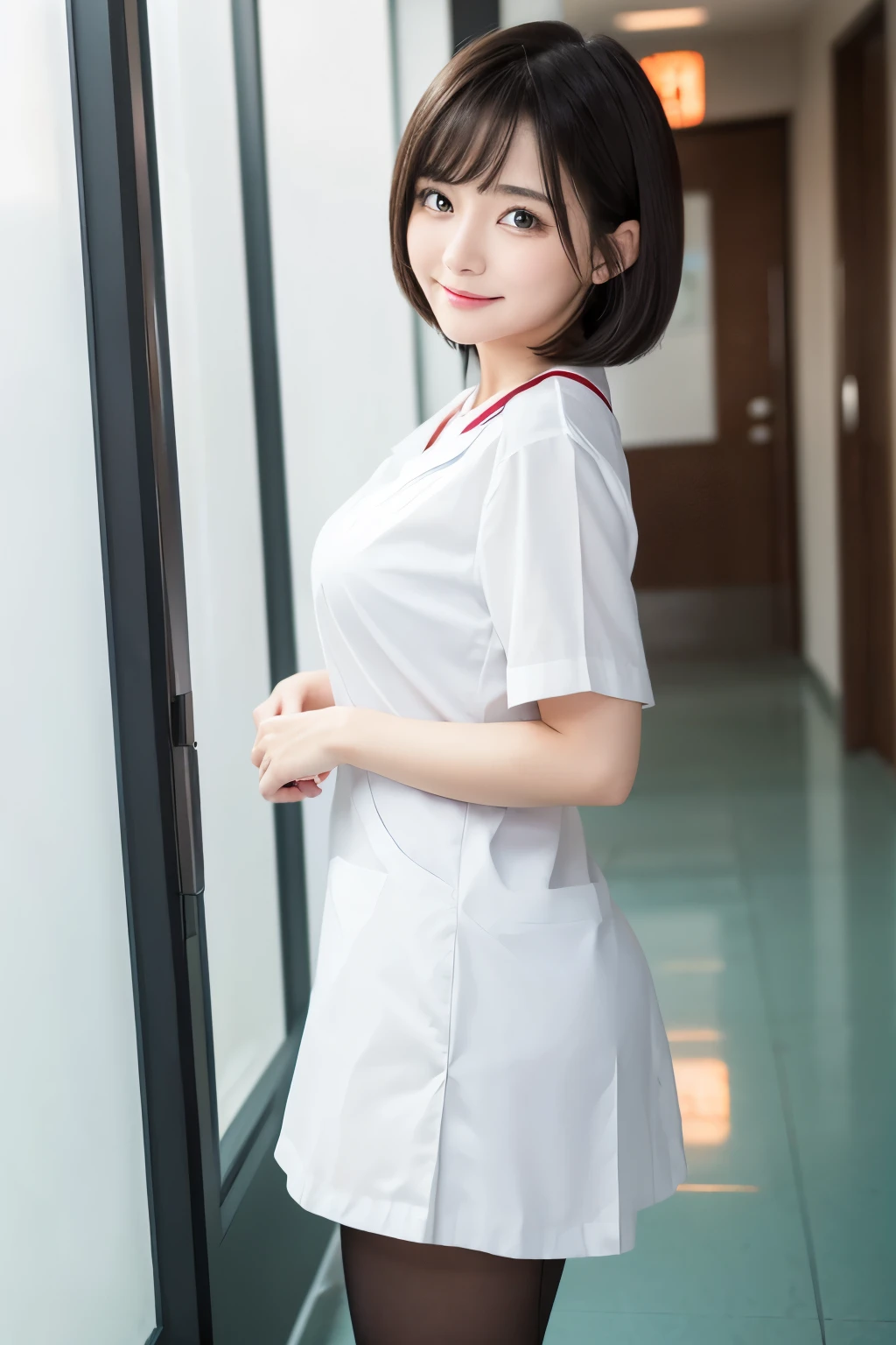 (１Girl)、(Beautiful Japanese、18years old,round face、Refreshing、clear、seems kind、stylish、Pitiful、cute like an angel、cute、black eyes、,actress,Almond-shaped eyes), Good style , (Beautiful big breasts:1.0),(soft breasts),(very cute),(Black Hair),(short bob hair),(enchanting eyes),(highlight on eyes:1.2)、(8K、Live shooting、highest quality、masterpiece:1.2、optimal lighting)、((masterpiece)),(Photo taken by a professional photographer),(real、photo real:1.4),break,{ (White nurse costume),(((taraditional nurse uniform))),(White nurse mini skirt),(( pantyhose)),(cleavage:0.7)},(Smile),(cheeks are red:1.2), break, break,Hospital,Face shot、Hospital corridor、Shy、Face close-up,Looking back