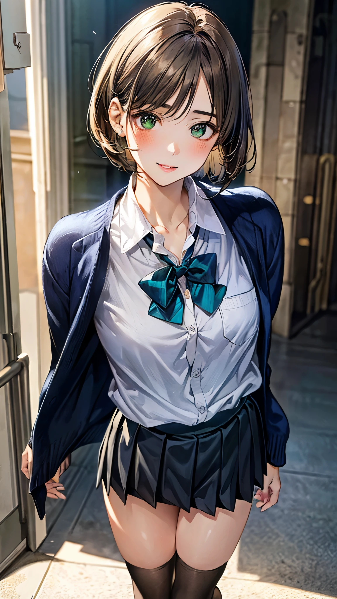 (masterpiece:1.3, top-quality, ultra high resolution, ultra detailed), (realistic, photorealistic:1.4), beautiful illustration, perfect lighting, natural lighting, depth of fields, ,
beautiful detailed hair, beautiful detailed face, beautiful detailed eyes, beautiful clavicle, beautiful body, beautiful chest, beautiful thigh, beautiful legs, beautiful hands,
looking at viewer, (face focus, upper body), 1 girl, high school girl, (perfect anatomy, anatomically correct), cute and symmetrical face, babyface, perfect face, perfect eyes, super detailed skin,
(short hair:1,2, bob cut:1,2, light brown hair), swept bangs, emerald green eyes, drooping eyes, big eyes, long eye lasher, (medium breasts, juicy thighs, attractive thighs),
((detailed cloth texture, long sleeve navy cardigan, white collared shirt, gray pleated mini skirt, dark red bow tie, black stockings, school shoes), finest underwear),
(beautiful scenery), evening, (school hallway), (walking), (seductive smile, upper eyes, parted lips),