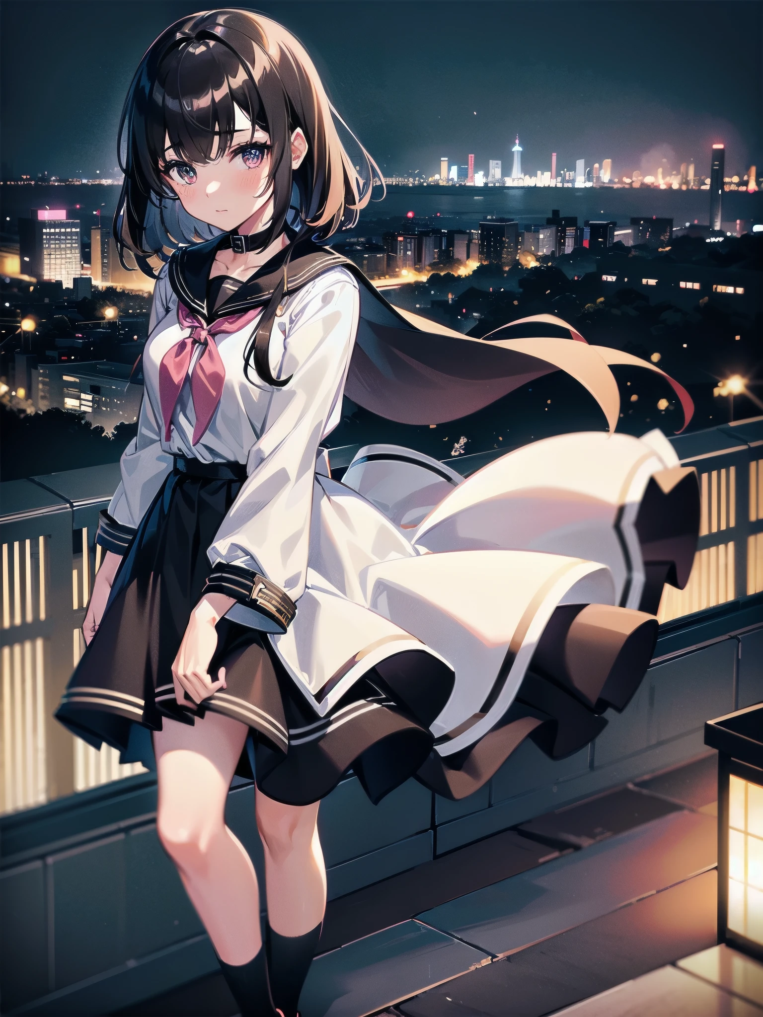 Black haired red eyed anime girl in white clothes、Being on the roof of a skyscraper、A fearless smile、Wearing shoulder-length clothing、Looking up at the starry sky、The background is purple、DJ、Active、short hair、