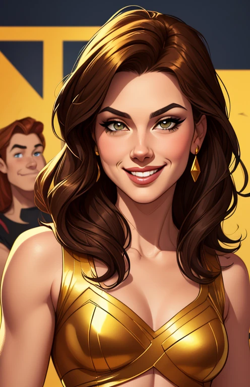 Xena princess warrior portrait mode sensual sesys style Cartoon style digital illustration together boyfriends Cartoon style character portrait mode Character cartoon style facial expression happy beautiful smile and six medium small portrait mode waist up with lots of gold around her other precious stones waist portrait mode up