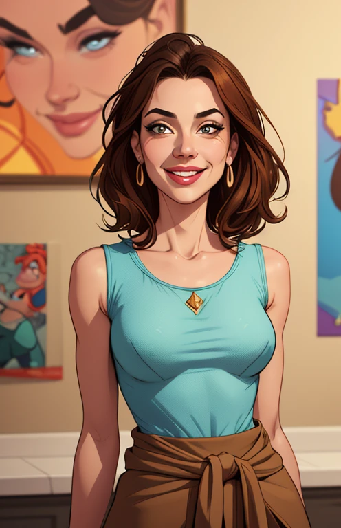Xena princess warrior portrait mode sensual sesys style Cartoon style digital illustration together boyfriends Cartoon style character portrait mode Character cartoon style facial expression happy beautiful smile and six medium small portrait mode waist up with lots of gold around her other precious stones waist portrait mode up