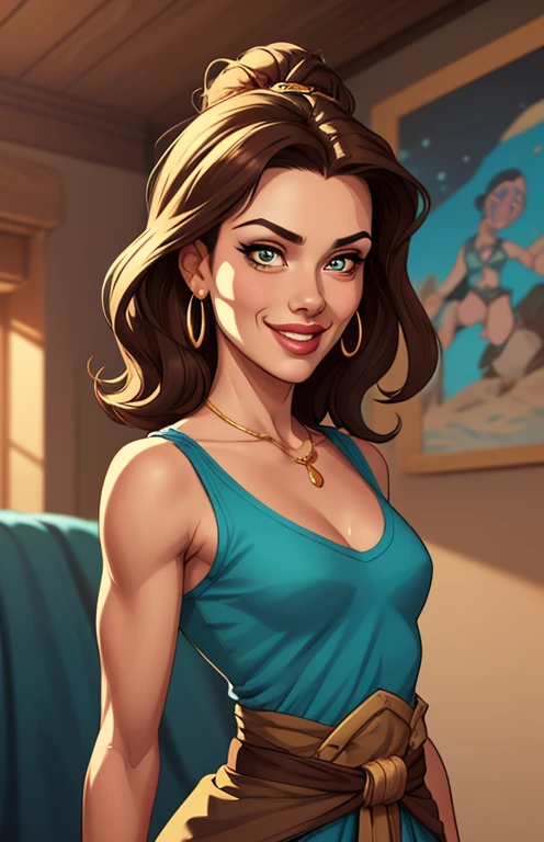 Xena princess warrior portrait mode sensual sesys style Cartoon style digital illustration together boyfriends Cartoon style character portrait mode Character cartoon style facial expression happy beautiful smile and six medium small portrait mode waist up with lots of gold around her other precious stones waist portrait mode up