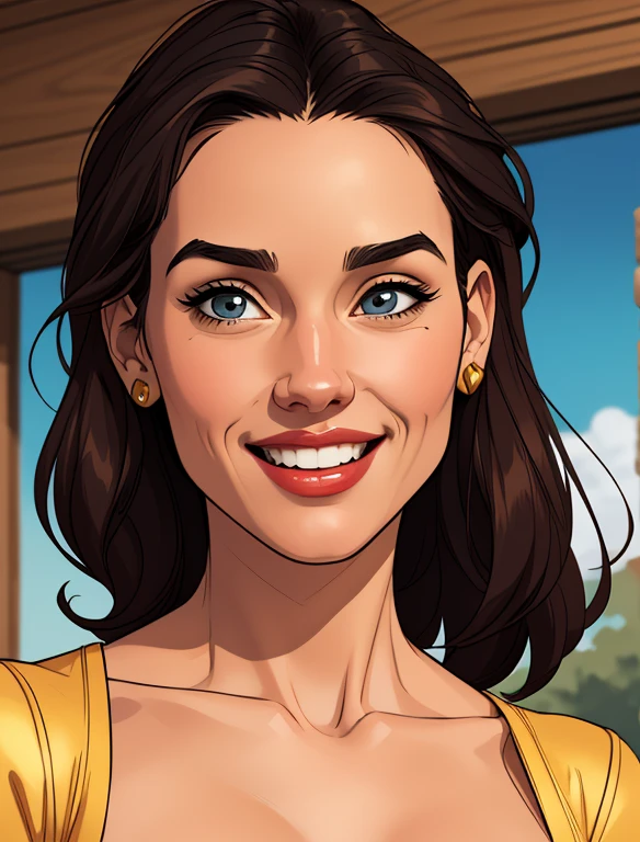 Xena princess warrior sensual portrait mode sesys style Cartoon style digital illustration together boyfriends Cartoon style character portrait mode Character cartoon style facial expression happy beautiful smile and six medium small portrait mode waist up with lots of gold around her other precious stones waist portrait mode up Jennifer Connelly