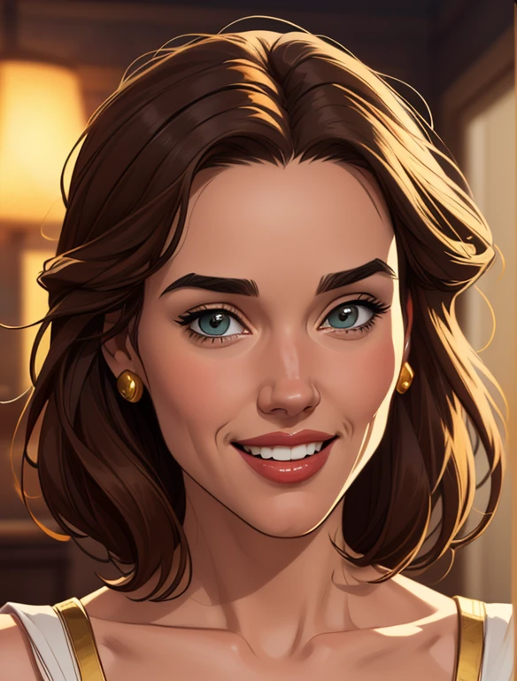 Xena princess warrior sensual portrait mode sesys style Cartoon style digital illustration together boyfriends Cartoon style character portrait mode Character cartoon style facial expression happy beautiful smile and six medium small portrait mode waist up with lots of gold around her other precious stones waist portrait mode up Jennifer Connelly