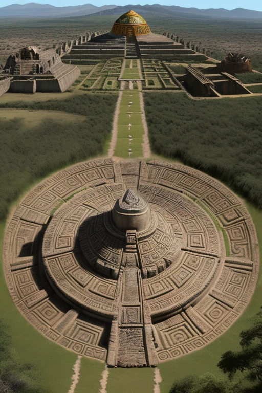 Un templo azteca entre una selva donde en el alto de el templo azteca se veria a un un leon rugir el templo estaria lleno de mo