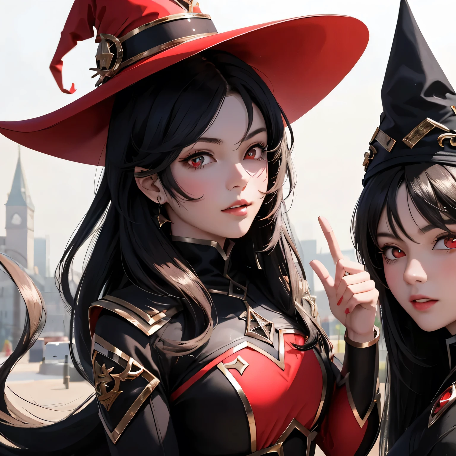 best quality,ultra-detailed,realistic,portrait,red-eyed girl:1.2,black-haired girl:1.1,serious expression,,high school setting,witch hat with red details,teenage girl:1.1