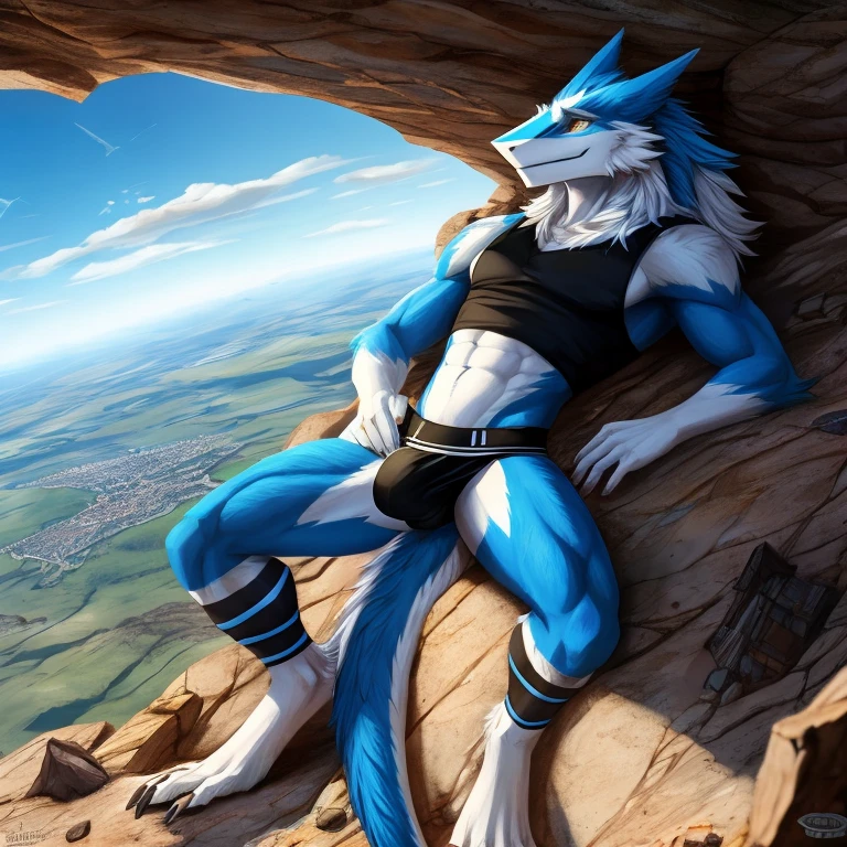 A top-down POV of a giga giant, furry and slim anthropomorphic sergal with white fur that has glowing blue markings, blue glowing eyes and short messy white hair wearing a black crop-top, a light blue jockstrap with a giant bulge and black stirrup socks while laying over an entire continent on earth and multiple tiny modern day cities in a sexy way on a sunny day with a huge crater of debris outlining his body amongst the landscape and a tiny city that was half-destroyed by the crater made by the giant sergal