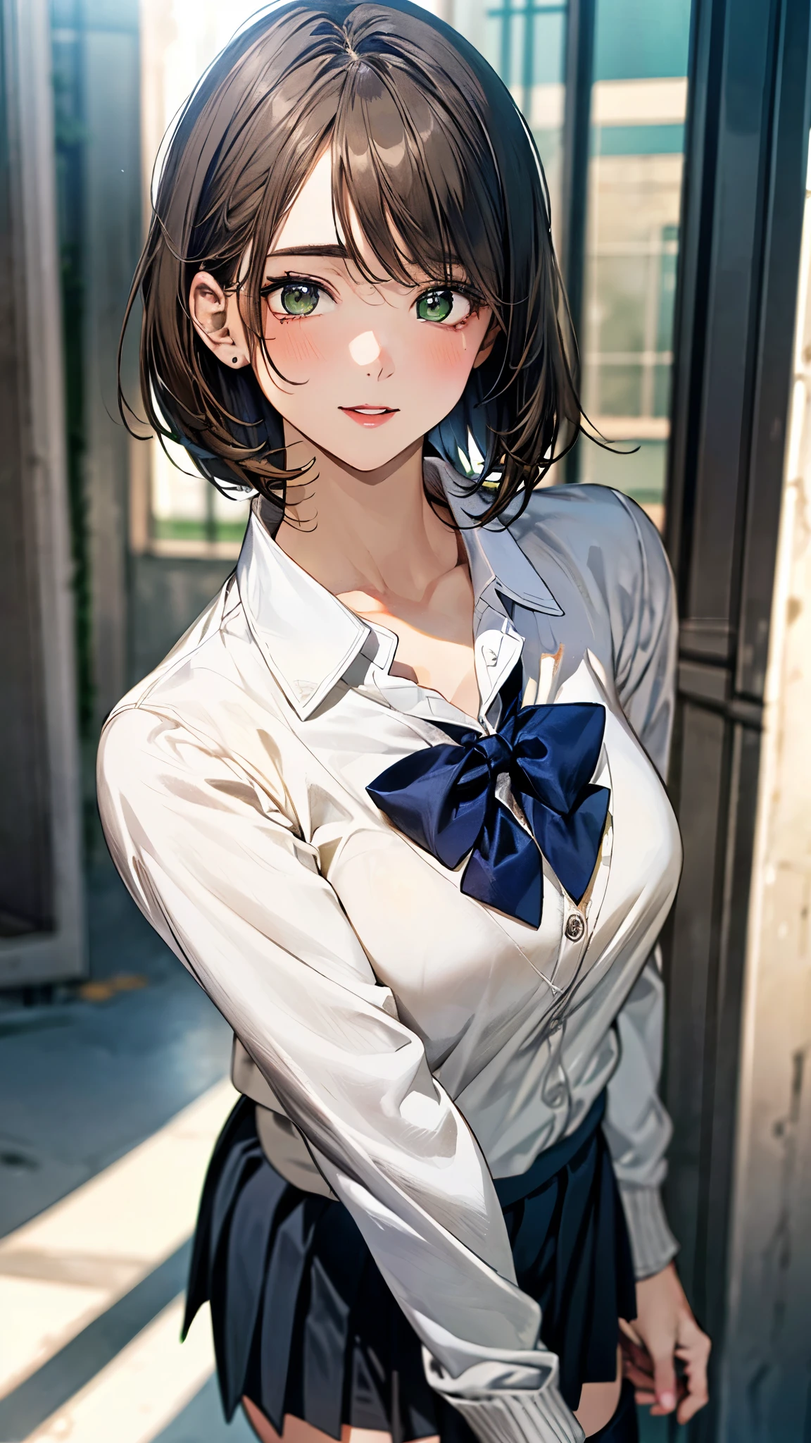 (masterpiece:1.2, top-quality), (realistic, photorealistic:1.4), beautiful illustration, (natural side lighting, movie lighting), 
looking at viewer, 1 woman, japanese, 22 years old, high school teacher, perfect face, cute and symmetrical face, shiny skin, babyface, 
(short hair, straight hair, dark brown hair), hair between eyes, dark purple eyes, (middle breasts, seductive thighs, big ass), piercings, 
beautiful hair, beautiful face, beautiful detailed eyes, beautiful clavicle, beautiful body, beautiful chest, beautiful thigh, beautiful legs, beautiful fingers, 
((navy jacket, close jacket, navy tight skirt, white collared shirt), black pantyhose), purple neck ribbon, high heels, 
(beautiful scenery), night, living room, sitting sofa, (lovely smile, upper eyes),