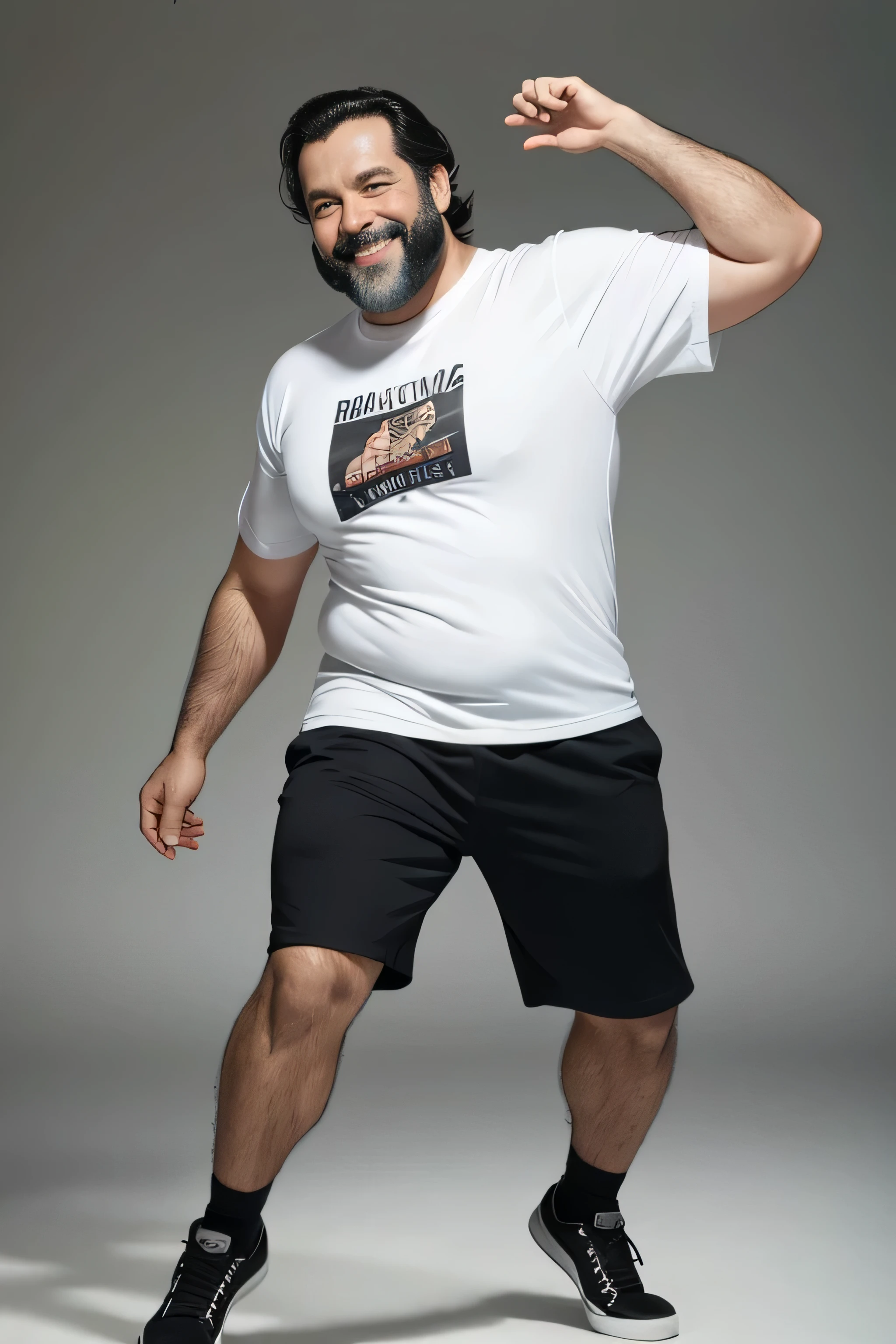 white man of 55 years old, black hair, with a short black beard, a bit fat, 70's style, full body, smiling. dancing. with a white T shirt.
