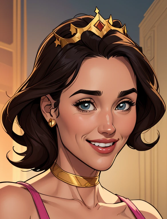 Xena princess warrior portrait mode sensual sesys style Cartoon style digital illustration together boyfriends Cartoon style character portrait mode Character cartoon style facial expression happy beautiful smile and six medium small portrait mode waist up with lots of gold around her other precious stones waist portrait mode up queen of the south Jennifer Connelly 