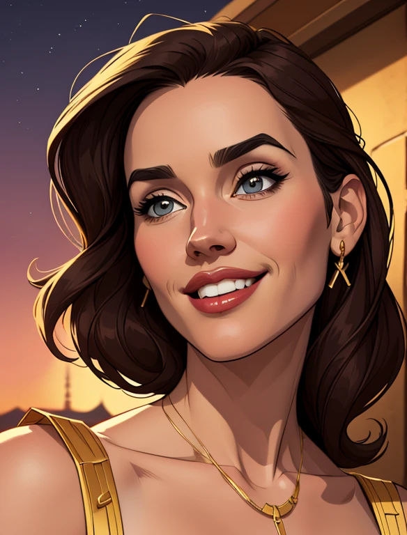 Xena princess warrior portrait mode sensual sesys style Cartoon style digital illustration together boyfriends Cartoon style character portrait mode Character cartoon style facial expression happy beautiful smile and six medium small portrait mode waist up with lots of gold around her other precious stones waist portrait mode up queen of the south Jennifer Connelly