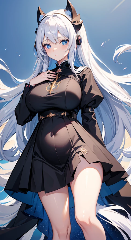 anime girl,long white hair,blue eyes,Black dress, Cute anime wife wearing beautiful clothes, Best Anime 4k Kona-chan Wallpapers, anime art wallpaper 8 k, anime art wallpaper 4k, anime art wallpaper 4k, Anime style 4k, Anime girl in black skirt, 8k high quality detailed art, Beautiful anime girl,Pregnant,Huge breasts