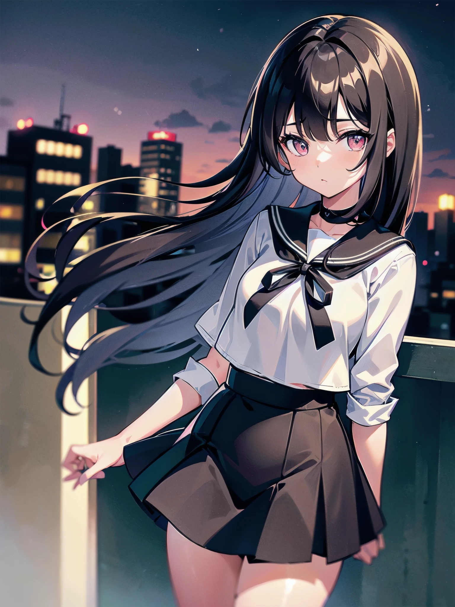 A girl with short, dark brown lob hair stands on the rooftop of a high-rise building overlooking Tokyo late at night.、A high school student wearing a white and black sailor uniform with a pale pink ribbon、She wears a large witch's hat with a small sapphire accessory、A few star creams、Beautiful starry sky、Beautiful night view、