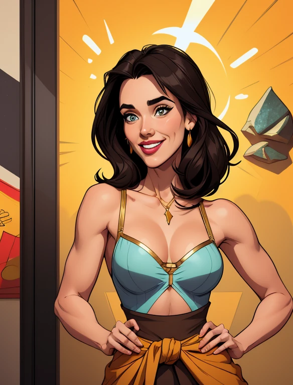 Xena princess warrior sensual portrait mode sesys style Cartoon style digital illustration together boyfriends Cartoon style character portrait mode Character cartoon style facial expression happy beautiful smile and six medium small portrait mode waist up with lots of gold around her other precious stones waist portrait mode up Jennifer Connelly