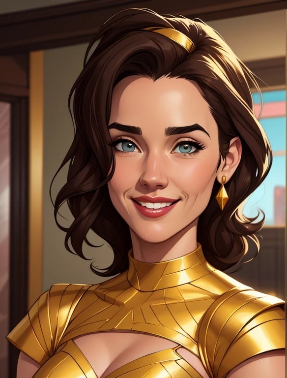 Xena princess warrior sensual portrait mode sesys style Cartoon style digital illustration together boyfriends Cartoon style character portrait mode Character cartoon style facial expression happy beautiful smile and six medium small portrait mode waist up with lots of gold around her other precious stones waist portrait mode up Jennifer Connelly