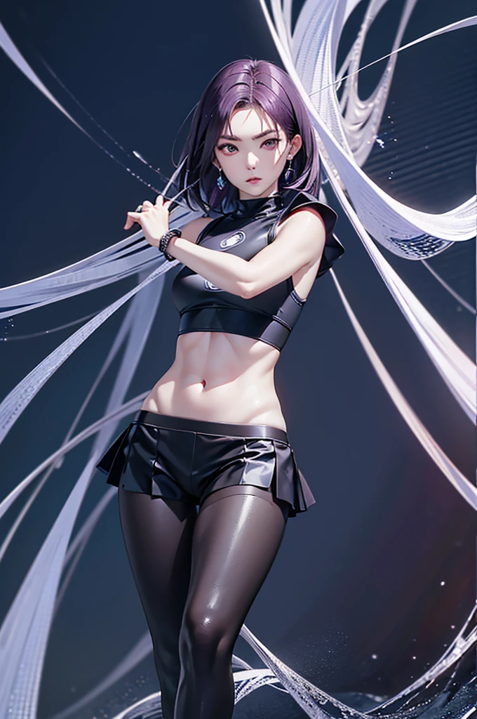 (Finest quality)),(A high resolution),(ultra-detailled art),(Meticulous portrayal),((Best Anime)),(Finest works of art),sharpness,Clear,Ultra-Precision Art,The art of astounding depiction, (Female Ninja in the Dark:1.3),
short Hair,
purple hair, vibrant purple hair, extremely detailed hair, bangs, short hair only, shoulder-length hair, hair clip,
pretty eyes,
beautiful eyes, detailed eyes, perfect eyes, green eyes,
pretty face,
beautiful lips, soft lips,pretty face, close up face, korean girl, korean beauty, irene, red velvet irene,serious face,
pretty nose,
beautiful nose, earings, ring,bracelet,
clear skin,
clear skin, white skin, soft skin,
slim body,
small breasts, normal thighs, show navel, perfect body, perfect hands, detailed hands, detailed legs, detailed arms, detailed breasts, detailed thighs, detailed abs, detailed faced, detailed lips, detailed nose, perfect body proportion,
ninja clothes,
ninja outfit, black outfit, black skirt, thigh-level skirt, pretty skirt, detailed skirt, safety shorts, cycling shorts, ninja shorts, long shorts, ninja armor, female ninja suit,reveal shoulders, black top, detailed clothes, detailed skirt, detailed arm sleeves, detailed shorts, detailed bra, breastplate, armplate, detailed armour, perfect armor,
fighting pose,
looking at camera, attack pose, fighting pose,
water element,
water splash behind, in water, big water waves,
standing in water,
lake background,
perfect lightings,
extravagant lights,
super low-angle shot,
looking down,