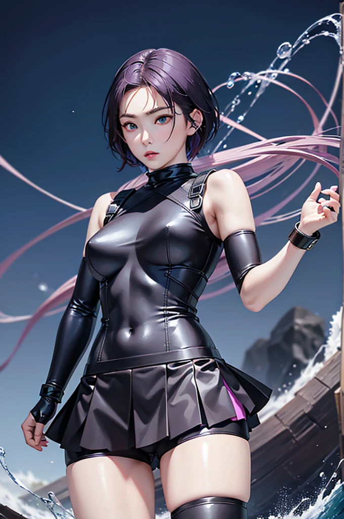 (Finest quality)),(A high resolution),(ultra-detailled art),(Meticulous portrayal),((Best Anime)),(Finest works of art),sharpness,Clear,Ultra-Precision Art,The art of astounding depiction, (Female Ninja in the Dark:1.3),
short Hair,
purple hair, vibrant purple hair, extremely detailed hair, bangs, short hair only, shoulder-length hair, hair clip,
pretty eyes,
beautiful eyes, detailed eyes, perfect eyes, green eyes,
pretty face,
beautiful lips, soft lips,pretty face, close up face, korean girl, korean beauty, irene, red velvet irene,serious face,
pretty nose,
beautiful nose, earings, ring,bracelet,
clear skin,
clear skin, white skin, soft skin,
slim body,
small breasts, normal thighs, show navel, perfect body, perfect hands, detailed hands, detailed legs, detailed arms, detailed breasts, detailed thighs, detailed abs, detailed faced, detailed lips, detailed nose, perfect body proportion,
ninja clothes,
ninja outfit, black outfit, black skirt, thigh-level skirt, pretty skirt, detailed skirt, safety shorts, cycling shorts, ninja shorts, long shorts, ninja armor, female ninja suit,reveal shoulders, black top, detailed clothes, detailed skirt, detailed arm sleeves, detailed shorts, detailed bra, breastplate, armplate, detailed armour, perfect armor,
fighting pose,
looking at camera, attack pose, fighting pose,
water element,
water splash behind, in water, big water waves,
standing in water,
lake background,
perfect lightings,
extravagant lights,
super low-angle shot,
looking down,