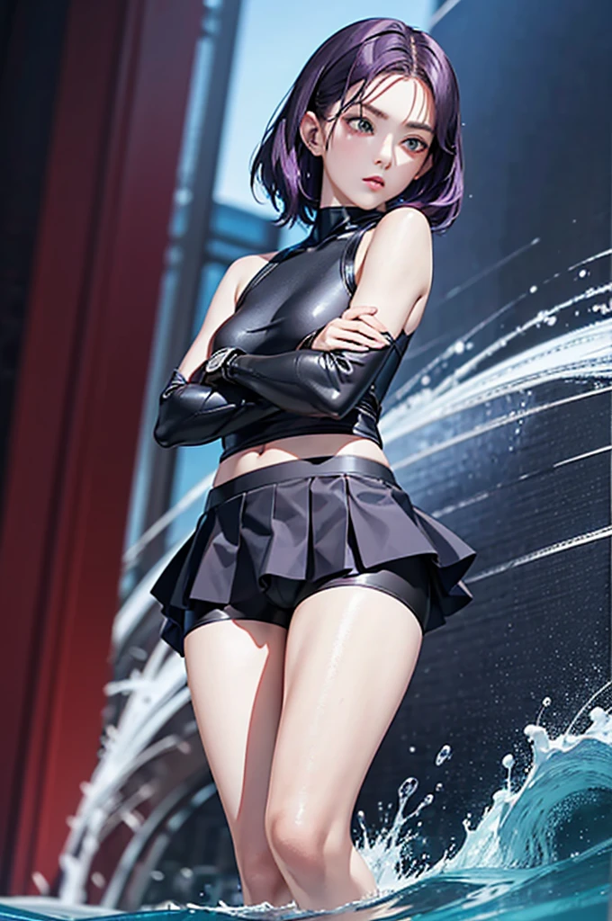 (Finest quality)),(A high resolution),(ultra-detailled art),(Meticulous portrayal),((Best Anime)),(Finest works of art),sharpness,Clear,Ultra-Precision Art,The art of astounding depiction, (Female Ninja in the Dark:1.3),
short Hair,
purple hair, vibrant purple hair, extremely detailed hair, bangs, short hair only, shoulder-length hair, hair clip,
pretty eyes,
beautiful eyes, detailed eyes, perfect eyes, green eyes,
pretty face,
beautiful lips, soft lips,pretty face, close up face, korean girl, korean beauty, irene, red velvet irene,serious face,
pretty nose,
beautiful nose, earings, ring,bracelet,
clear skin,
clear skin, white skin, soft skin,
slim body,
small breasts, normal thighs, show navel, perfect body, perfect hands, detailed hands, detailed legs, detailed arms, detailed breasts, detailed thighs, detailed abs, detailed faced, detailed lips, detailed nose, perfect body proportion,
ninja clothes,
ninja outfit, black outfit, black skirt, thigh-level skirt, pretty skirt, detailed skirt, safety shorts, cycling shorts, ninja shorts, long shorts, ninja armor, female ninja suit,reveal shoulders, black top, detailed clothes, detailed skirt, detailed arm sleeves, detailed shorts, detailed bra, breastplate, armplate, detailed armour, perfect armor,
fighting pose,
looking at camera, attack pose, fighting pose,
water element,
water splash behind, in water, big water waves,
standing in water,
lake background,
perfect lightings,
extravagant lights,
super low-angle shot,
looking down,