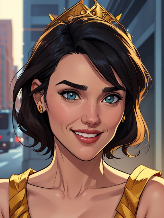 Xena princess warrior GTA sensual portrait mode sesys style Cartoon style digital illustration together boyfriends Cartoon style character GTA portrait mode Character cartoon style facial expression happy beautiful smile and six medium small portrait mode waist up with lots of gold around her other precious stones portrait mode waist up queen of the south Jennifer Connelly GTA