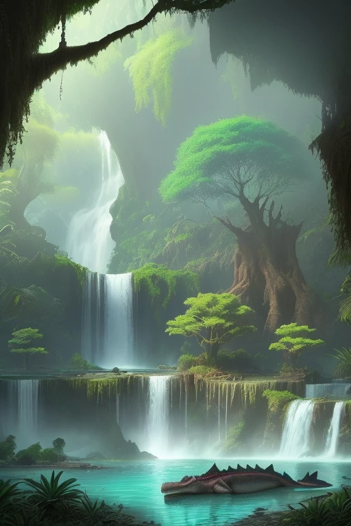 An exotic place where you would see a crocodile civilization. That place would be next to some waterfalls and in the middle of that place there would be a jijante tree.