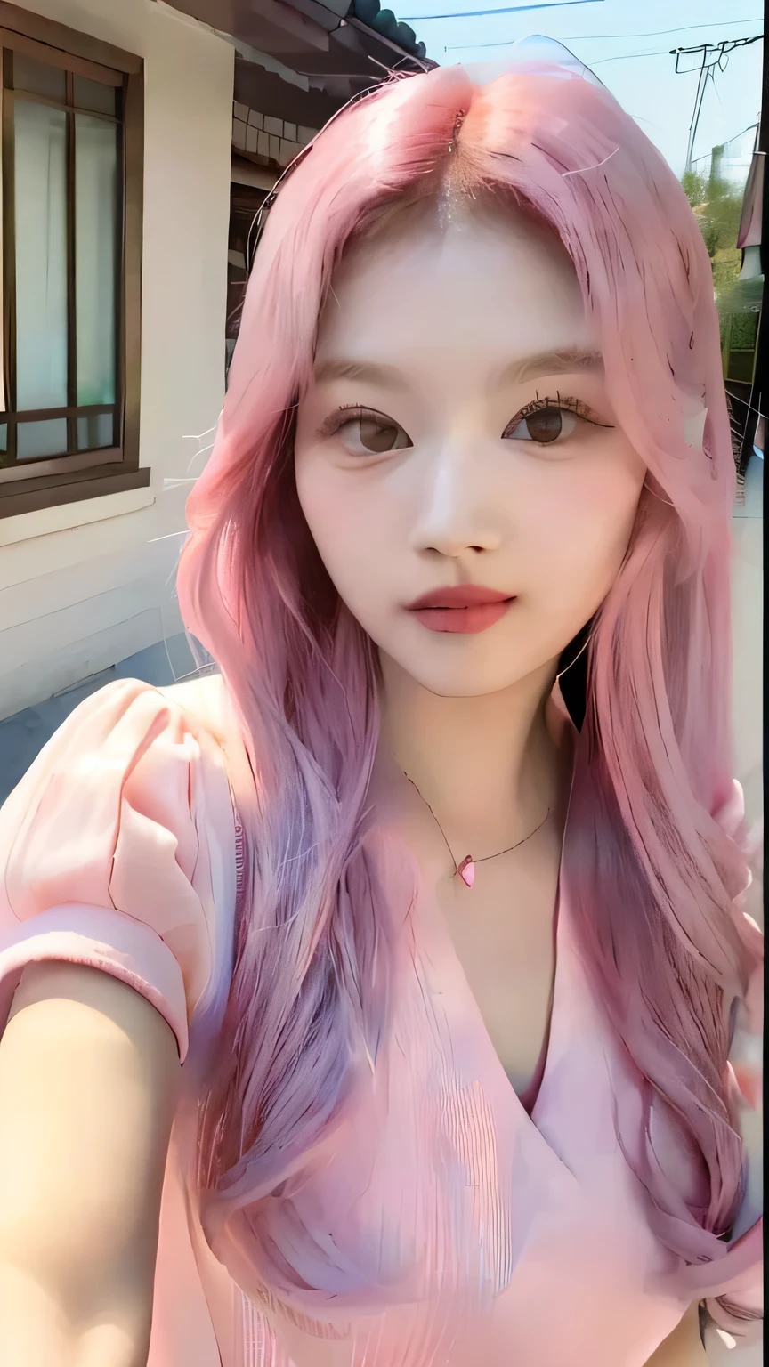 a close up of a person con cabello rosado and a pink dress, 8k selfie photography, ulzzang, con cabello rosado, Cabello rosado que fluye, Cabello Liso Rosa, piel suave y rosada, glowing cara rosada, long Cabello rosado que fluye, cara rosada, pelo largo y rosa, tono de piel rosa pastel, beautiful pink alien girl, tono rosado, jaeyeon ñam, Face Korean, Korean Woman, Korean Fem, K-pop group, K-pop Twice, Twice, Sana, Sana Face, Sana Twice, Minatozaki sana, Sana k-pop