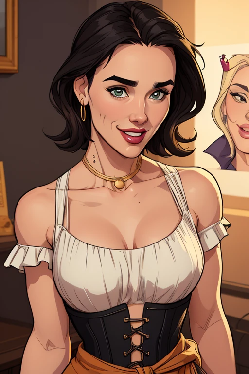 Xena princess warrior GTA sensual portrait mode sesys style Cartoon style digital illustration together boyfriends Cartoon style character GTA portrait mode Character cartoon style facial expression happy beautiful smile and six medium small portrait mode waist up with lots of gold around her other precious stones portrait mode Waist up queen of the south Jennifer Connelly GTA dominatrix