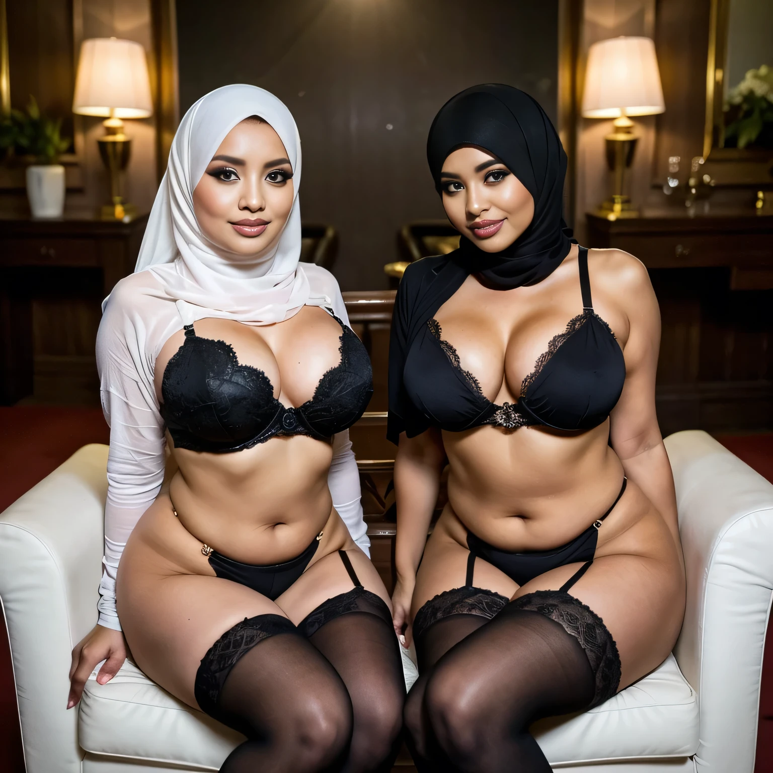In a regal setting, two ???????? attractive hourglass figure adult video star thick (hijabi) (Muslim) MILF sit side by side on a magnificent throne, radiating elegance and confidence. They share the same height and body proportions, creating a visually stunning image of unity and strength.

Both ladies wear (lace hijabs), beautifully wrapped around their heads, framing their faces and accentuating their natural beauty. The delicate lace adds a touch of femininity and sophistication to their overall look.

Complementing their hijabs, both ladies wear stockings string bra string ????? that add a subtle hint of allure to their ensemble. The stockings enhance their elegant and poised posture, further highlighting their hourglass figures.

Their makeup is flawlessly applied, with striking red lips, voluminous mascara, captivating eye shadow, precise eyeliner, and luxurious lashes. These elements enhance their already mesmerizing features, drawing attention to their expressive eyes.

As they sit close to each other on the throne, they exude a sense of unity and sisterhood. Their presence showcases the beauty and strength of hijabi Muslim women, empowering others to embrace their identities and celebrate their unique beauty.

she is looking at viewer, skin texture, ultra high res, RAW, instagram LUT, masterpiece, best quality, ultra-detailed, ultra high resolution, RAW, 4k, (looking at viewer), extremely detailed eyes and face, ((beautiful detailed nose)), ((beautiful detailed thigh)), ((beautiful detailed eyes)), perfect body proportion,  (looking at the camera), seductive face, cheerful, happy, (thighhighs) (hijab) (SFW:1.5), (five fingers), detailed fingers, (string ??????), slightly fat,