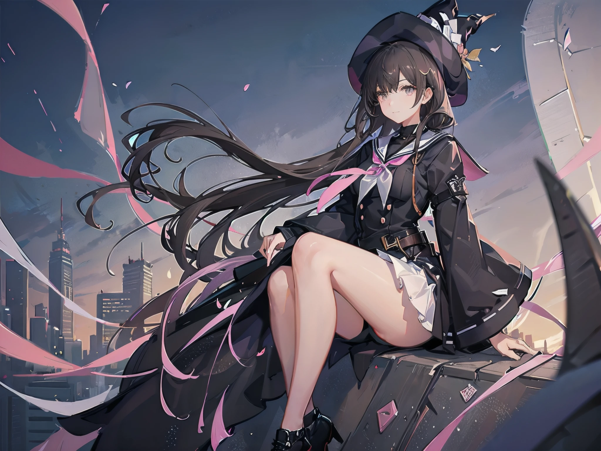 A girl with short, dark brown lob hair stands on the rooftop of a high-rise building overlooking Tokyo late at night.、A high school student wearing a white and black sailor uniform with a pale pink ribbon、She wears a large witch&#39;s hat with a small sapphire accessory、A few star creams、Beautiful starry sky、Beautiful night view、