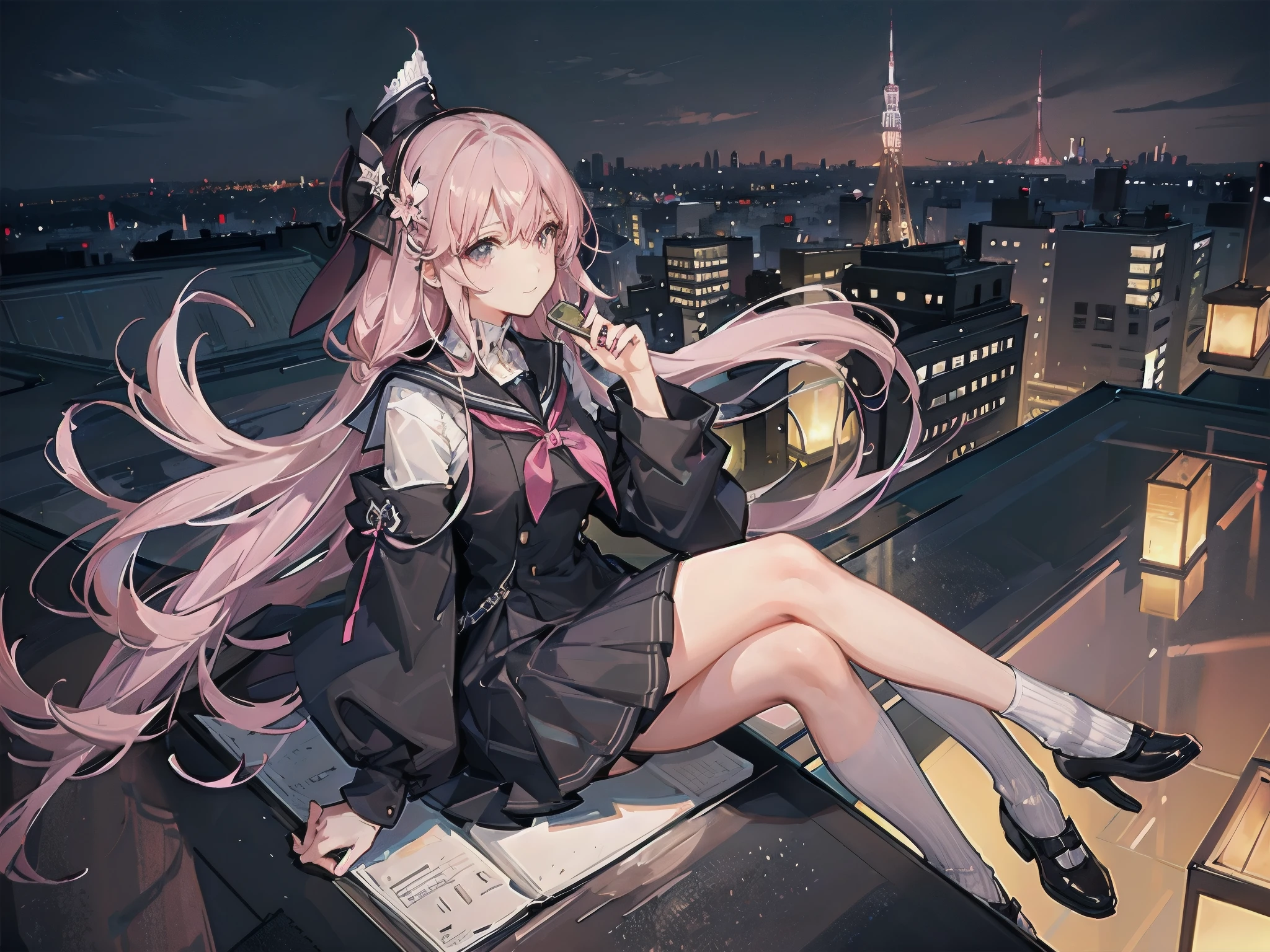 A girl with short, dark brown lob hair stands on the rooftop of a high-rise building overlooking Tokyo late at night.、A high school student wearing a white and black sailor uniform with a pale pink ribbon、She wears a large witch&#39;s hat with a small sapphire accessory、A few star creams、Beautiful starry sky、Beautiful night view、