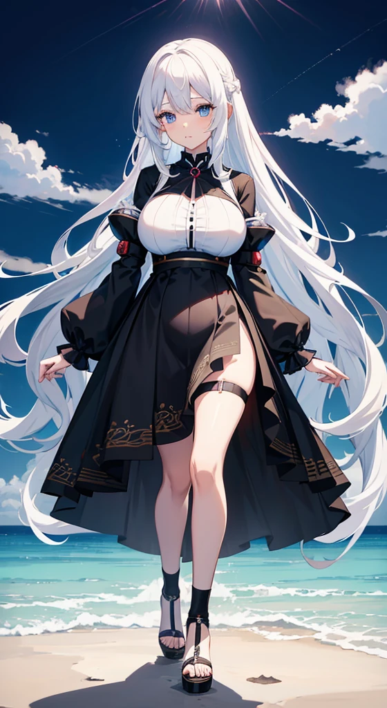 anime girl,long white hair,blue eyes,Black dress, Cute anime wife wearing beautiful clothes, Best Anime 4k Kona-chan Wallpapers, anime art wallpaper 8 k, anime art wallpaper 4k, anime art wallpaper 4k, Anime style 4k, Anime girl in black skirt, 8k high quality detailed art, Beautiful anime girl,Pregnant,Huge breasts
