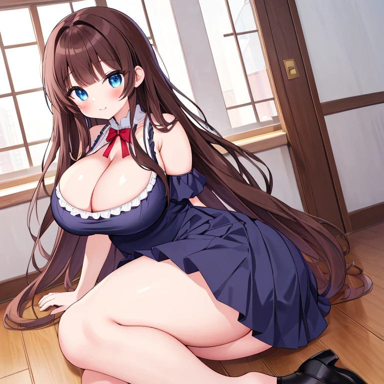 A Very Cute Anime Girl, (17 year-old), Excessively Thick and curvy, Incredibly Plump, (Extremely Enormous Thighs), (Enormous ), (Overwhelmingly ), (Long Dark-Brown Hair), big Beautiful Blue Eyes, (Red off-shoulders Dress), big cleavage, (Black Skirt), sitting on the floor with one leg crossed over the other leg, mildly  expression, and looking at the viewer with a Cute Smile, inside a Large Modern House, with a low camera position emphasizing on her Extremely Enormous Thighs.