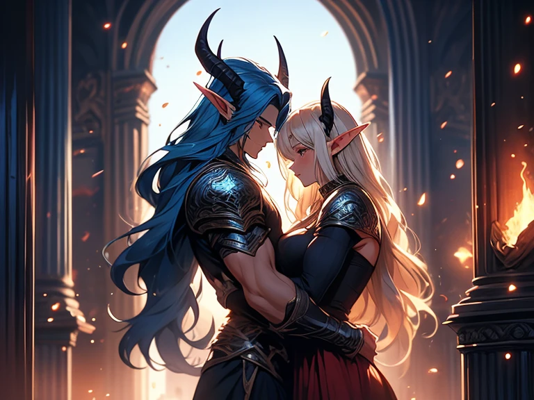 a tall male elf with huge muscles demon horns and dark blue long hair wearing armor hugging a female blonde elf in a medieval room near a pillar, dangerous huge burning comet falling down outside from the sky, dangerous athmosphere, lovers, male elf with blue hair and female elf with blonde hair