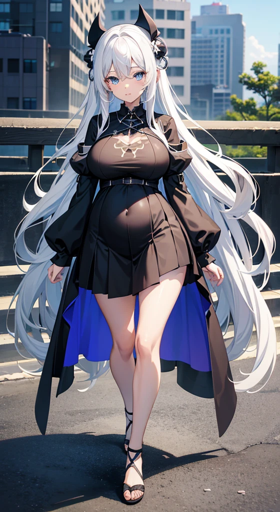 anime girl,long white hair,blue eyes,Black dress, Cute anime wife wearing beautiful clothes, Best Anime 4k Kona-chan Wallpapers, anime art wallpaper 8 k, anime art wallpaper 4k, anime art wallpaper 4k, Anime style 4k, Anime girl in black skirt, 8k high quality detailed art, Beautiful anime girl,(Pregnant,Huge breasts:1.8)