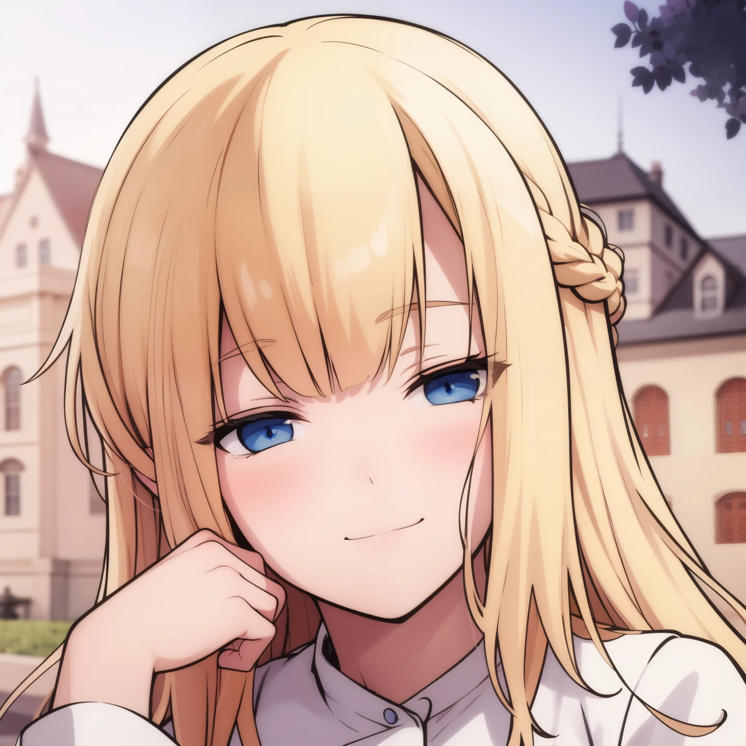 high quality, masterpiece. Blue eyes. Blonde hair. braid. tricky glance. evil smile. haughty face. Hand on cheek. white elegant blouse. against the backdrop of the mansion.