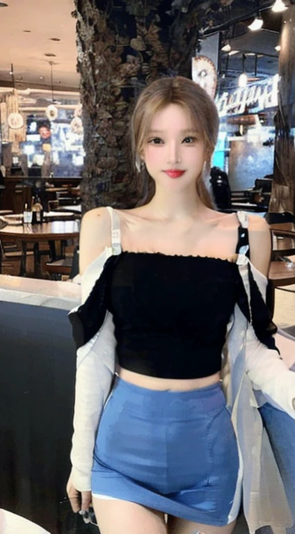The finest and most beautiful girl, Brown medium hair, Very beautiful face, 比類のないBeautiful girl, Collarbone off-shoulder, white crop top shirt, Black school skirt, Exposed legs, Cute smile, soft, Dreamlike quality, Light white and dark brown, Exaggerated facial features, Solid Color, Frank Off-White, Surreal, Blue gemstone necklace, Ultra Clear, Beautiful girl, Cute and lively, Bar Counter Background