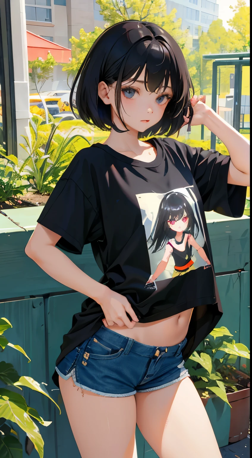 (Short cute girl, young studeg delicate girl),(masterpiece,Top quality),Black Hair,Shorts,shirt lift,sleepy
