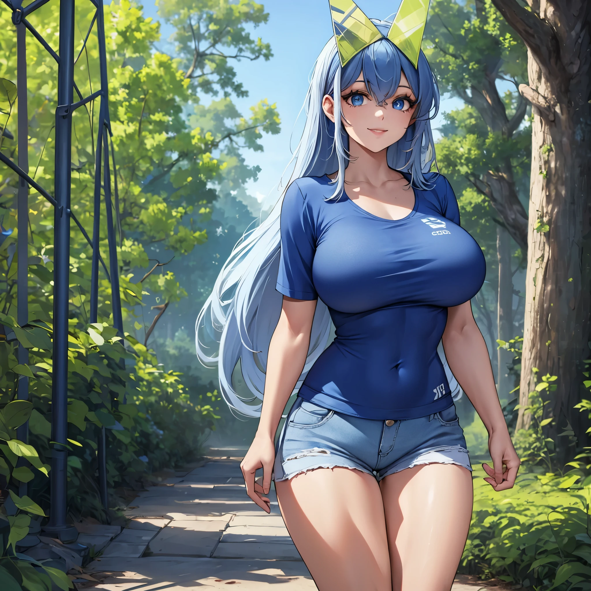 A woman wearing a navy blue American football shirt, number 20 on the shirt, denim shorts, big breasts, blue eyes, long hair, navy blue hair, smiling, perfect face, perfect eyes, standing on a sidewalk in a park, city in the very back, a place with trees, a place during the day,r,UHD , prime work , accurate , anatomically correct , textured skin , super details , high quality , best quality, 8k, high resolution, bokeh effect. (woman solo), close view
