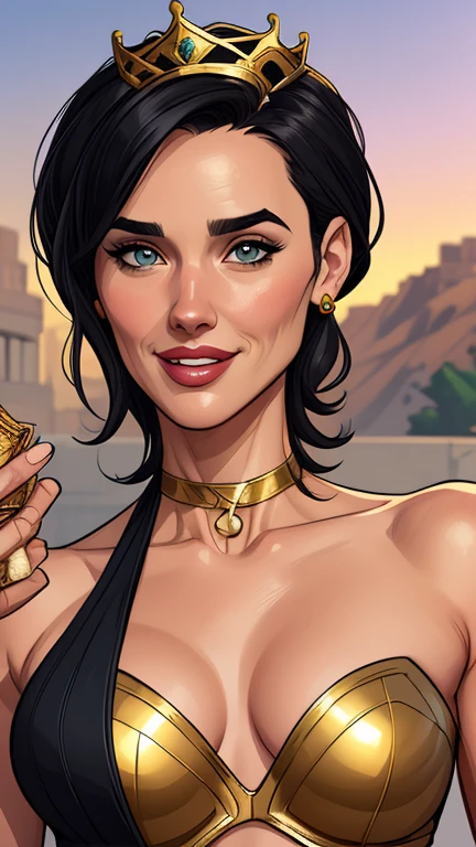 Xena warrior princess GTA sensual portrait mode sesys style Cartoon style digital illustration Monica Bellucci together boyfriends Cartoon style character GTA mode portrait Character cartoon style facial expression happy beautiful smile and six medium small portrait mode waist up with lots of gold around her other precious stones mode waist-up portrait queen of the south Jennifer Connelly GTA scenery dominatrix gold coins chest with jewelry