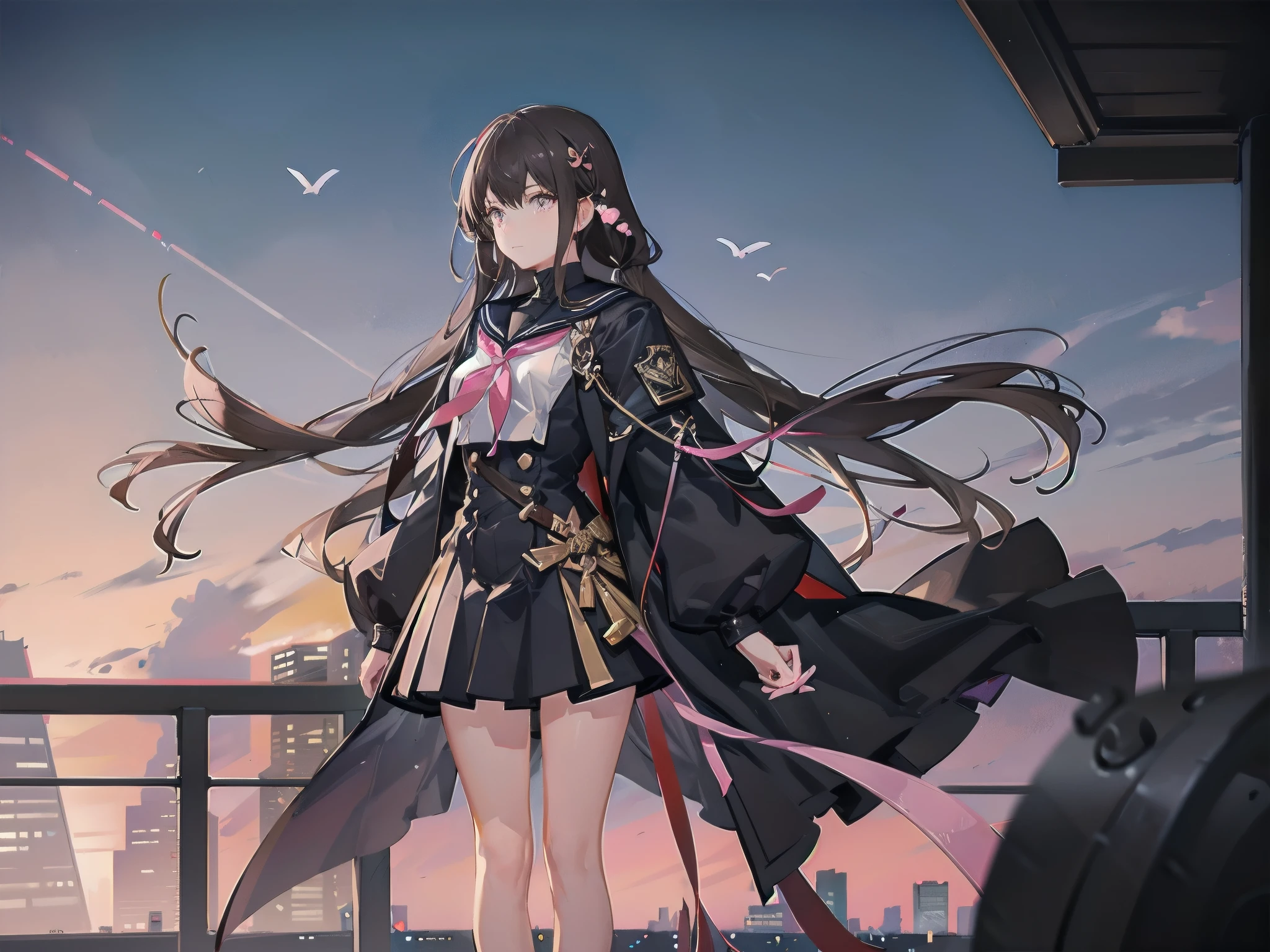 A girl with short dark brown lob hair standing on the rooftop of a high-rise building overlooking Tokyo late at night、A high school student wearing a white and black sailor uniform with a pale pink ribbon、She wears a large witch&#39;s hat with a small sapphire accessory、A few star creams、Beautiful starry sky、Beautiful night view、witch's hat 、Marksman Rifle