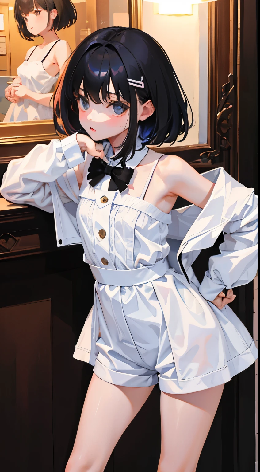 (Short cute girl,Small young student,Young delicate girl),(masterpiece,Top quality),Black Hair,Shorts,heart hands,sleepy