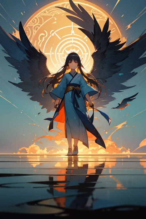 A beautiful Chinese girl standing on the water, misty reflection, a huge phoenix divine bird in the sky, magic, fantasy, dynamic posture, composed of colorful glowing flames, delicate face, delicate eyes, long black and golden hair, wearing amber and sky blue Hanfu, delicate and intricate patterns, ink painting, golden bronzing, epic composition, soft shadows, Clean sharp focus, cinematography, center composition, poster design, film photography, Panorama, 32K --v 6