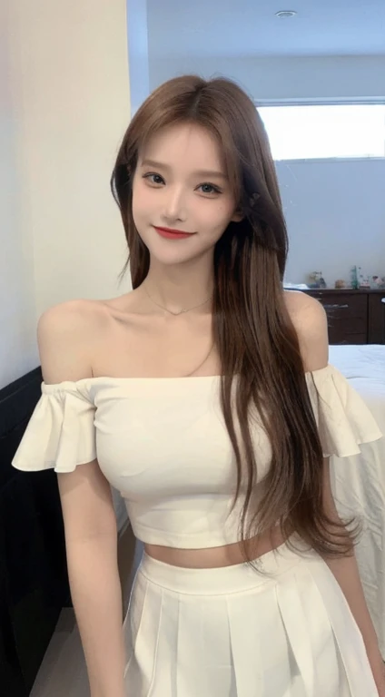The finest and most beautiful girl, Brown medium hair, Very beautiful face, A uniquely beautiful girl, Collarbone off-shoulder, white crop top shirt, Black school skirt, Exposed legs, Cute smile, soft, Dreamlike quality, Light white and dark brown, Exaggerated facial features,