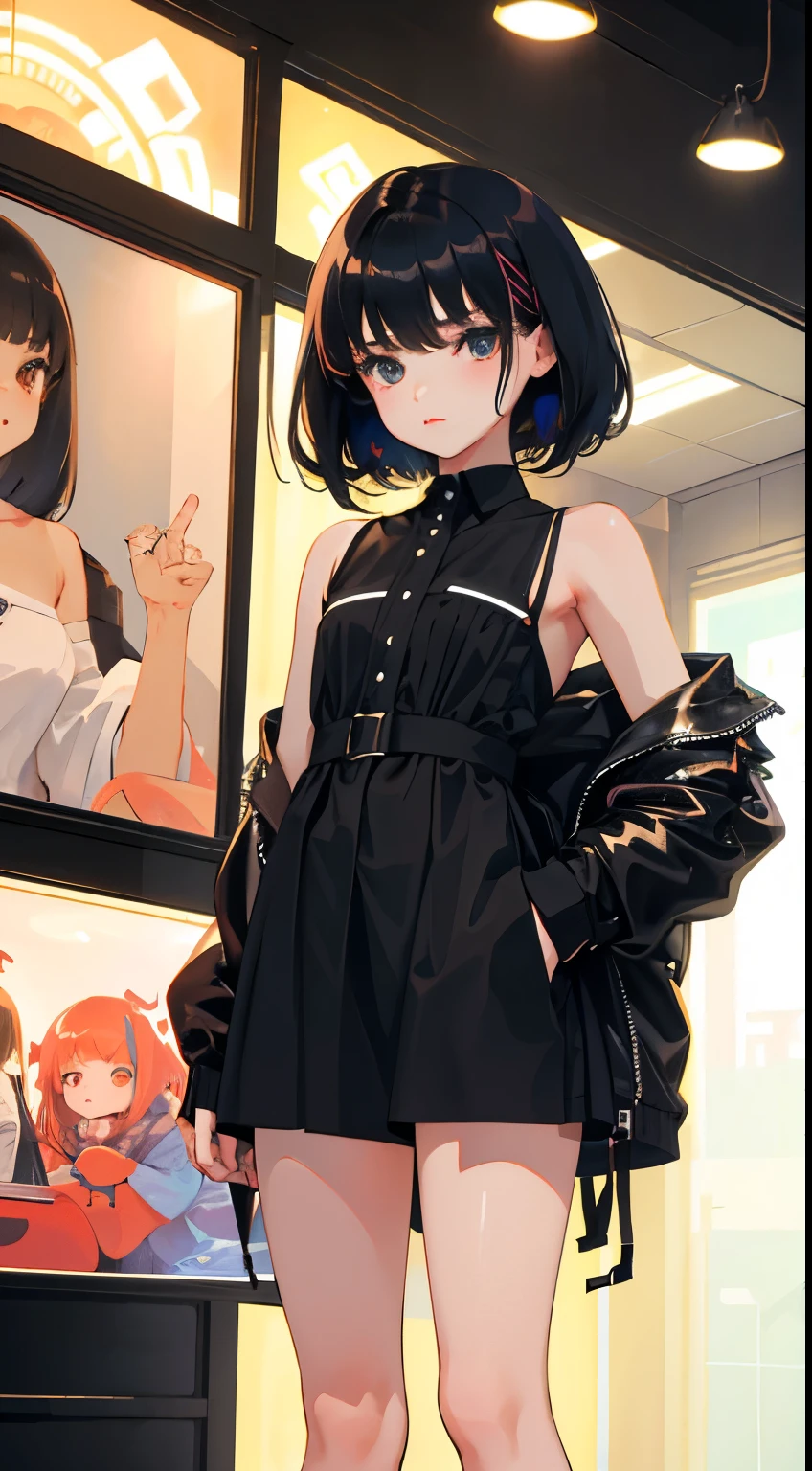 (Short cute girl,Small young student,Young delicate girl),(masterpiece,Top quality),Black Hair,Shorts,heart hands,sleepy