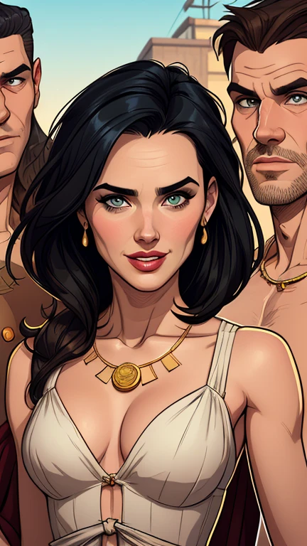 Xena warrior princess GTA sensual portrait mode sesys style Cartoon style digital illustration Monica Bellucci together boyfriends Cartoon style character GTA mode portrait Character cartoon style facial expression happy beautiful smile and six medium small portrait mode waist up with lots of gold around her other precious stones mode waist-up portrait queen of the south Jennifer Connelly GTA scenery dominatrix gold coins chest with jewelry